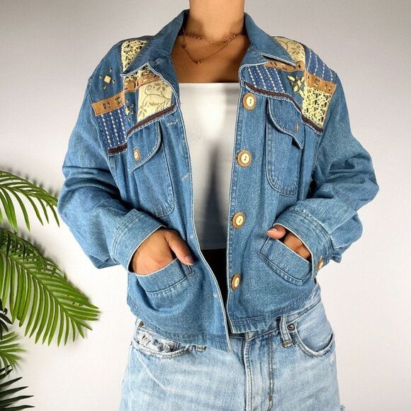City Girl Jackets & Blazers - Vintage 90s Patchwork Embellished Bohemian Cottagecore Blue Denim Jacket / S/M